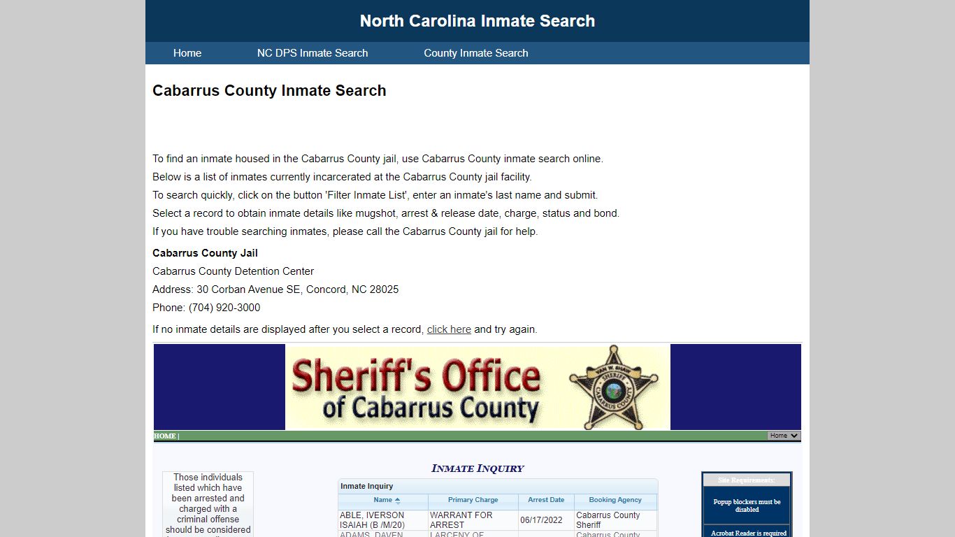 Cabarrus County Inmate Search